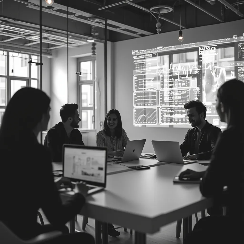 Besprechung eines Teams mit Laptops und digitalen Daten
